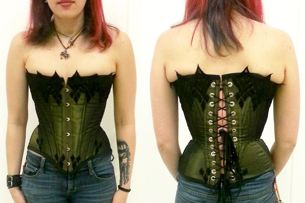 Edwardian Corset made from iridescent taffeta with hand stitched black lace.  