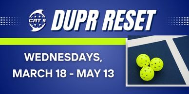 Announcement of DUPr reset dates for pickleball from March 18 to May 13 on Wednesdays.