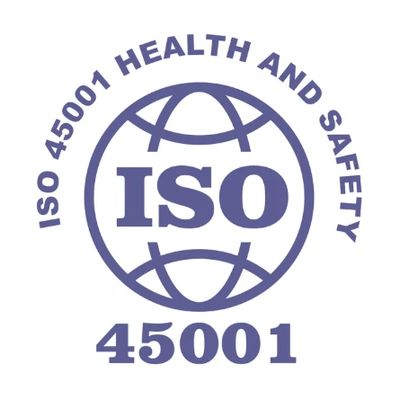 Logo of ISO 45001 health and safety standard with a globe and text.