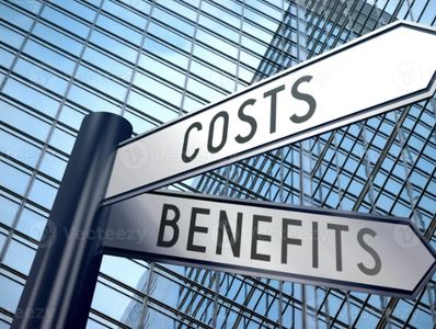 Directional signs labeled 'Costs' and 'Benefits' against a city building.