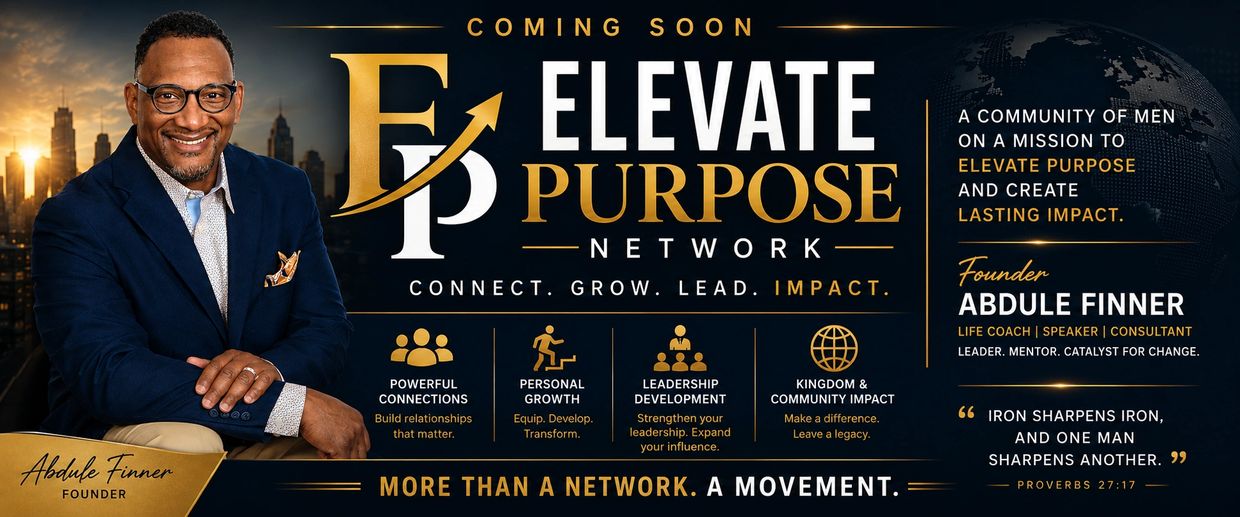 Promotional banner for Elevate Purpose Network by Abdule Finner, focusing on leadership and community impact.