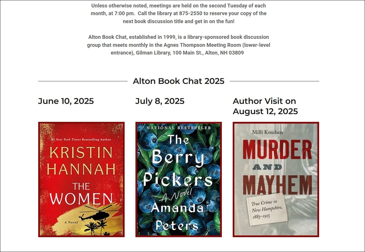 ALTON BOOK CHAT AT GILMAN LIBRARY
