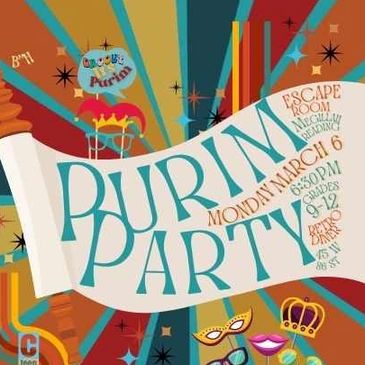 Colorful Purim Party poster with festive decorations and event details.