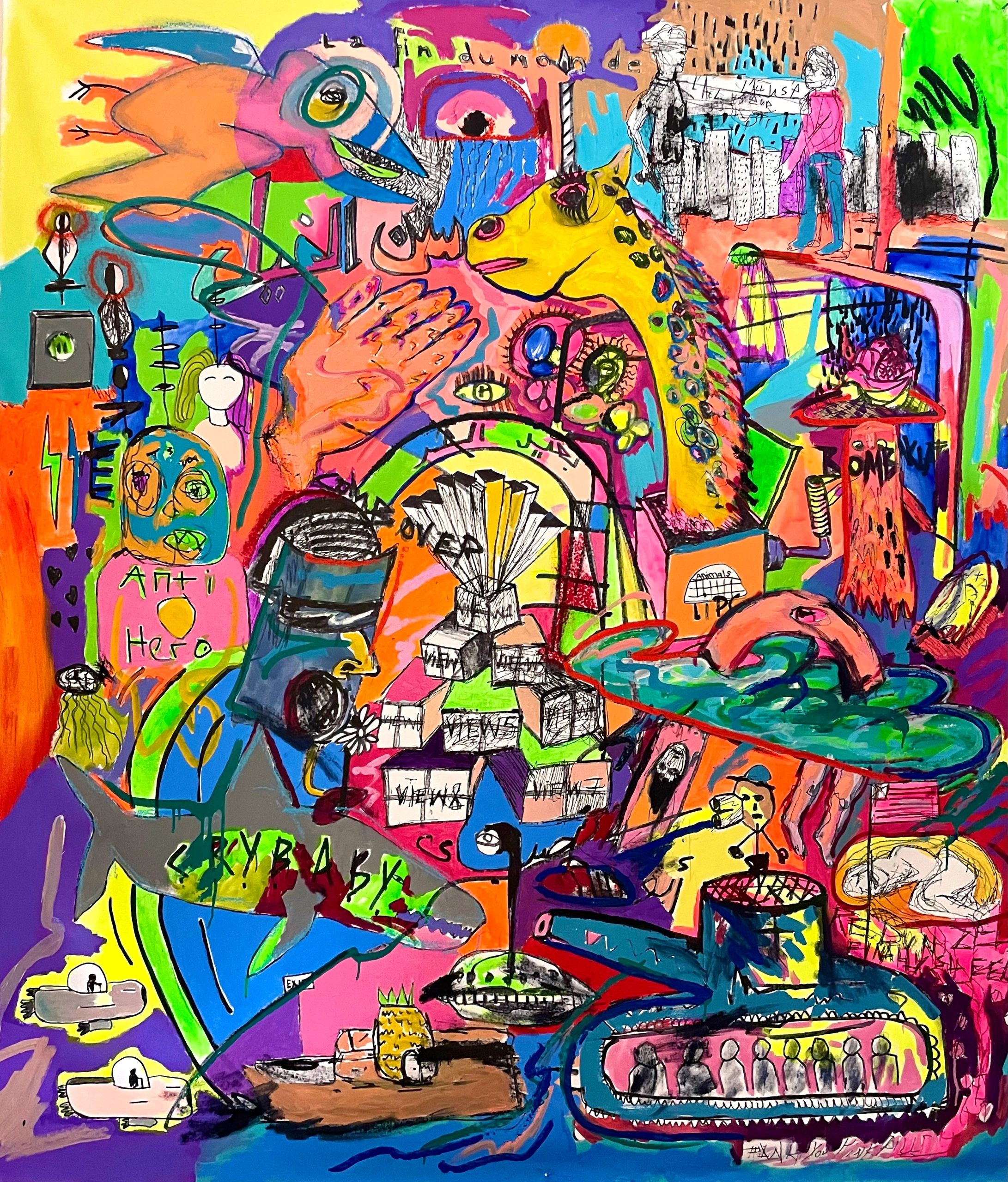 Rapunzel finally sleeps: Thank you pink pills * Mixed Media on canvas, 210x160cm,  2021