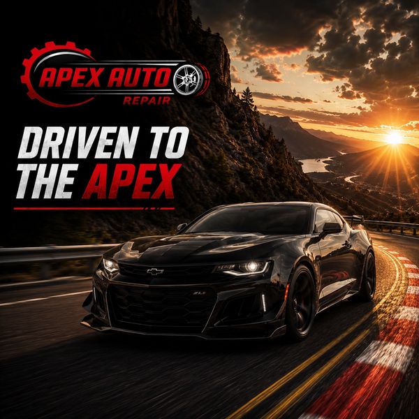 Sleek black sports car driving on mountain road at sunset with Apex Auto Repair logo.