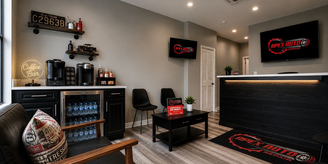 Modern waiting area with coffee bar and Apex Auto branding.