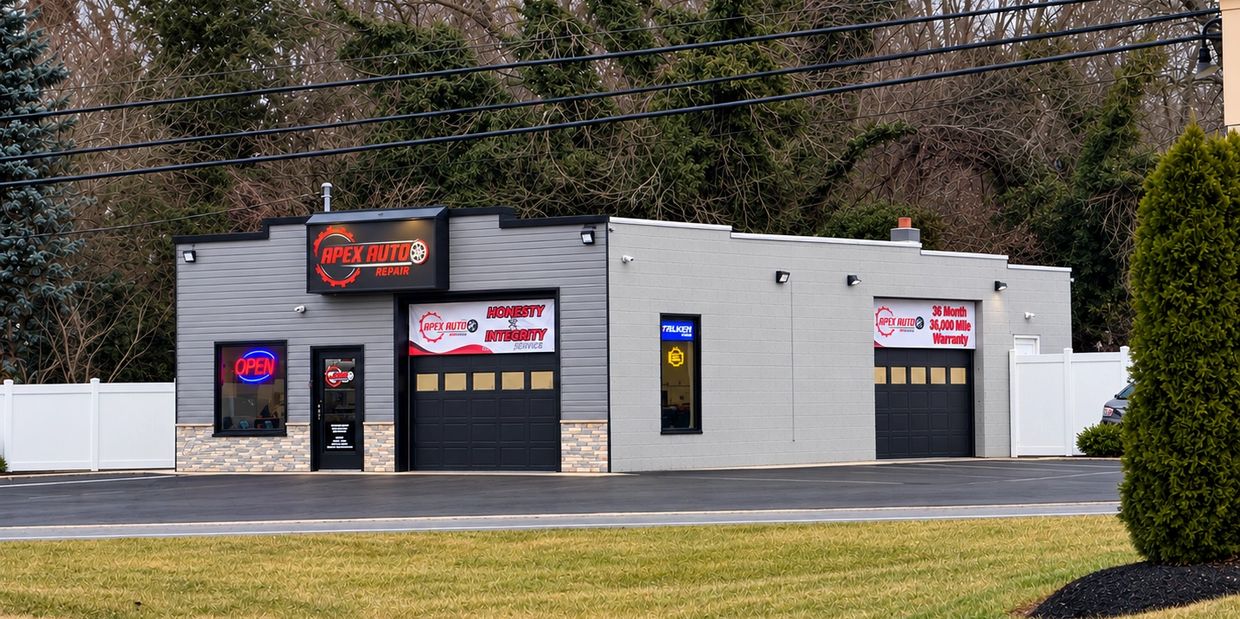 Modern auto repair shop with clear signage and clean surroundings.