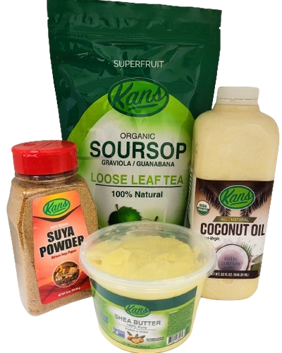 soursop leaves, suya powder, shea butter, coconut oil