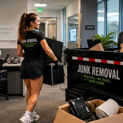 Woman removing electronic junk in an office for junk removal service.