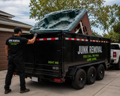A worker loads a hot tub into a junk removal trailer.