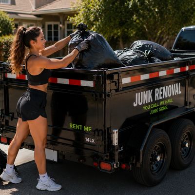 Woman loading garbage bags into a junk removal trailer on a sunny day.