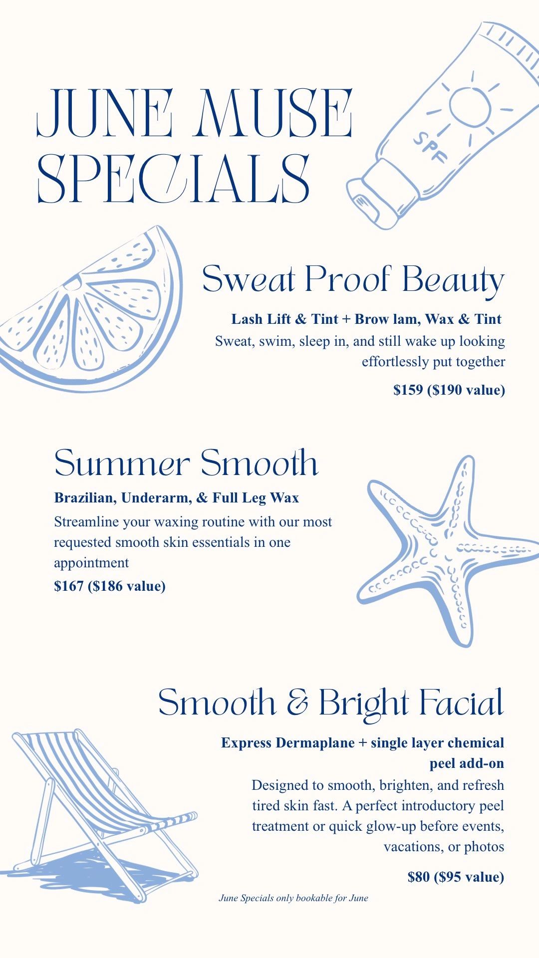 June Muse Specials offer beauty treatments for summer, including lash lifts, waxing, and facials.
