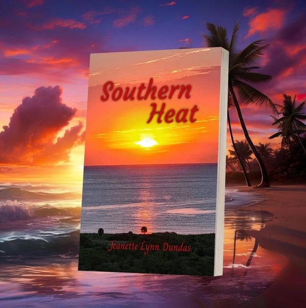 Book cover titled Southern Heat with a sunset over the ocean and palm trees in the background.