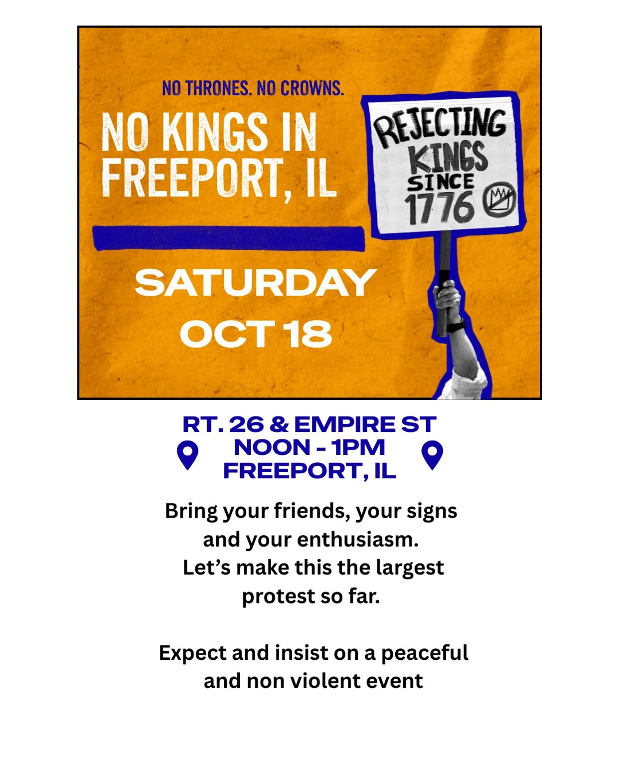 No Kings 2.0 Protest on October 18, 2025 from noon to 1pm in Freeport