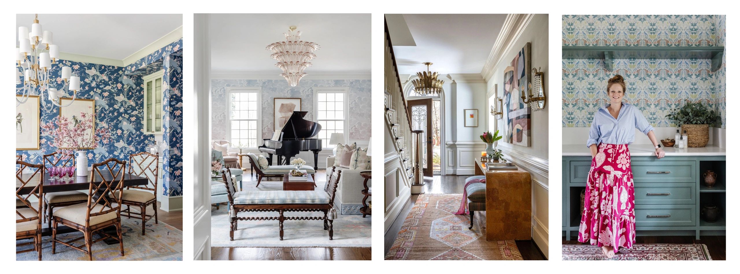 Elegant vintage-style home interiors with floral wallpapers and classic furniture.