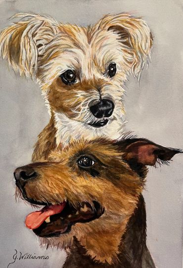 Painting of two dogs, one light and one dark, with expressive eyes.