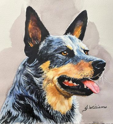Realistic watercolor painting of a happy dog with tongue out.