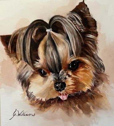 Watercolor painting of a cute Yorkshire Terrier with a topknot.
