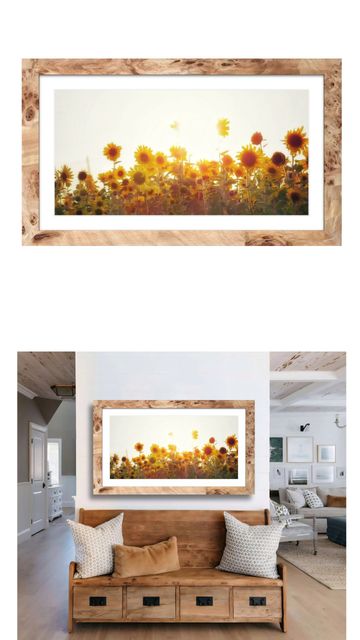 Framed sunflower field photo brightening a cozy rustic living space.