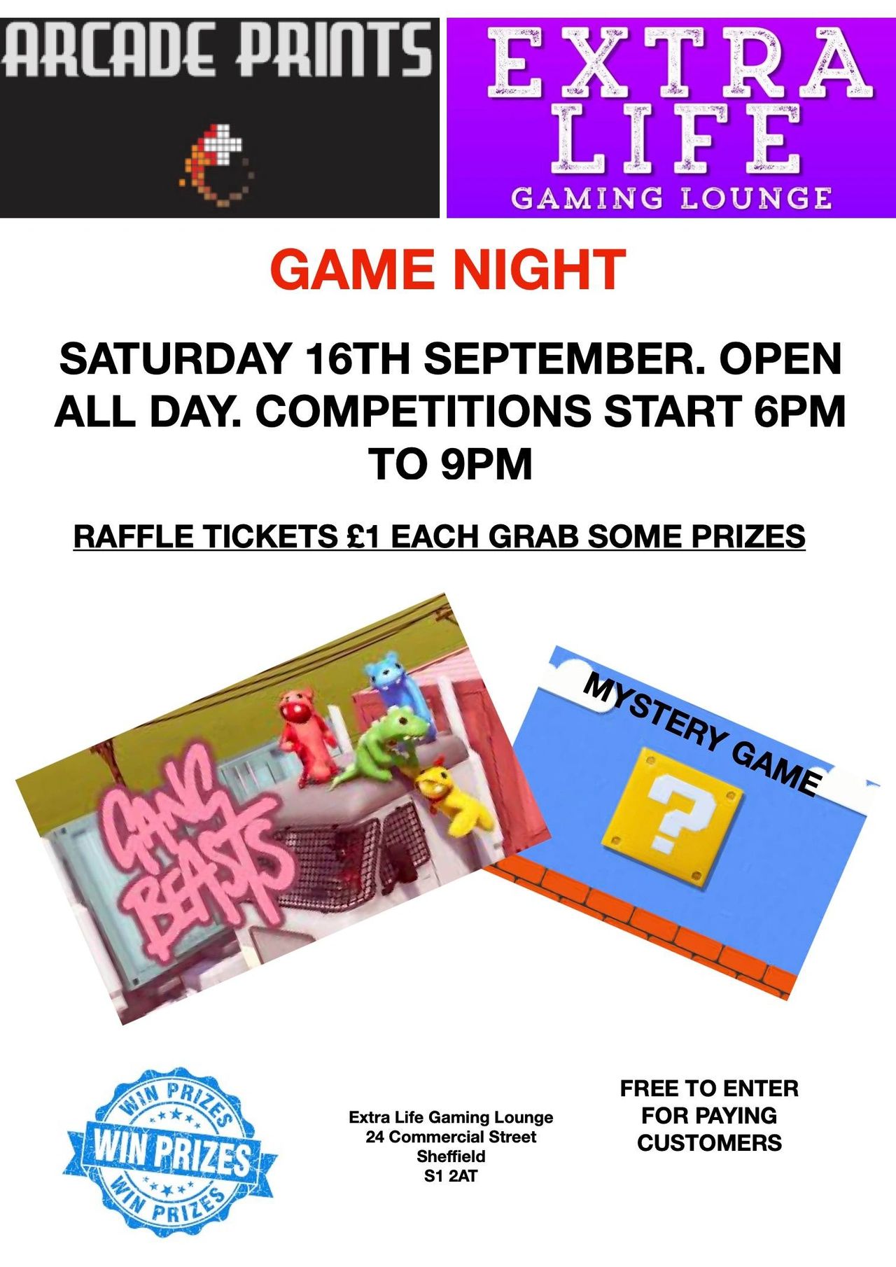 EXTRA LIFE + ARCADE PRINTS GAME NIGHT: 16TH SEPTEMBER