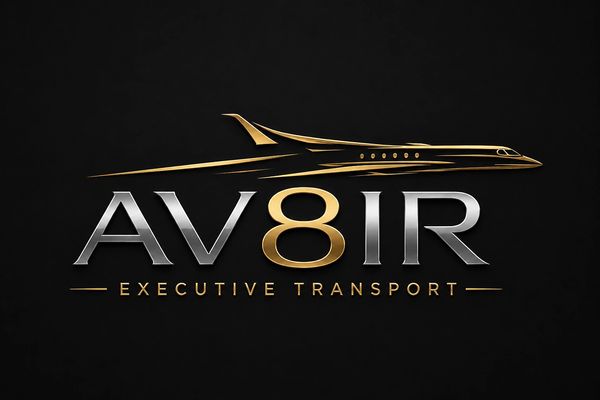 Elegant gold and black AV8IR executive transport logo.