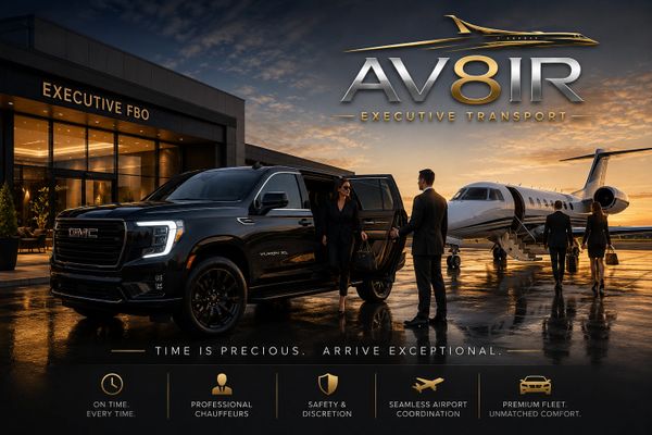 Luxury executive transport with black GMC SUV and private jet at sunset.