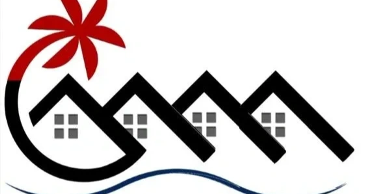 Logo of houses with a palm tree and waves.
