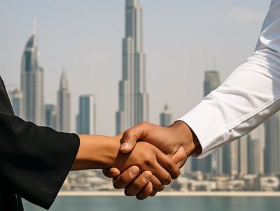 Handshake with Dubai skyline in the background.