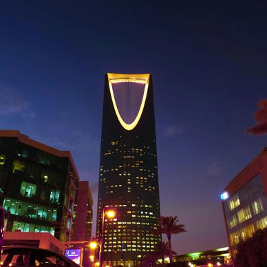 The Kingdom Centre illuminated at night in Riyadh, Saudi Arabia