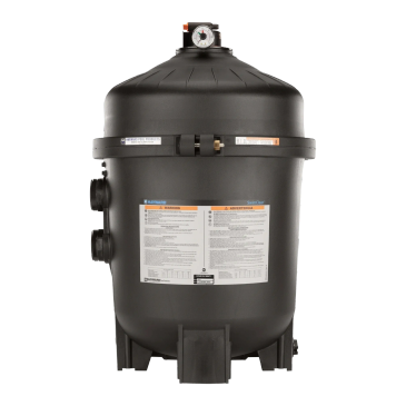 Black industrial water filter with pressure gauge on top.