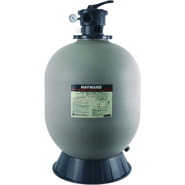Hayward pool sand filter with top-mounted valve and pressure gauge.