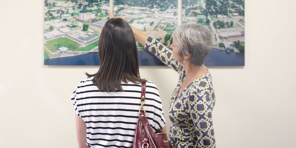 Pam Whitfield interacting with a client at a project.
Pointing at Metal Prints designed by Pam