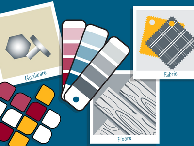 illustration of finish selections, paint swatch, floor sample, fabric and hardware, vision board