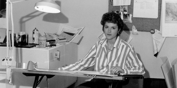 About Pam, Pam at her art table in 1984. Advertising Agency in San Antonio TX