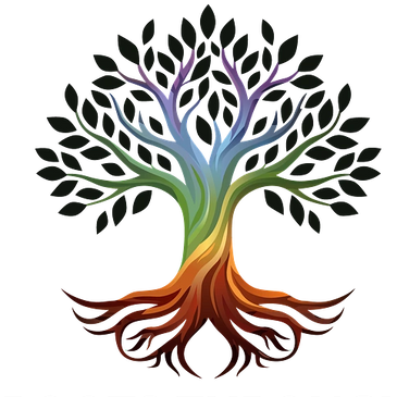 Colorful tree with rainbow branches and roots symbolizing growth and connection.