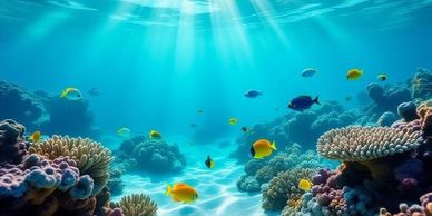 Colorful tropical fish swim among coral reefs in clear blue ocean.