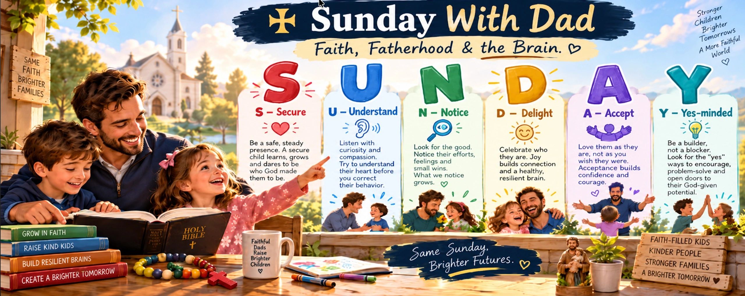 Sunday With Dad poster about faith, fatherhood, and brain development.
