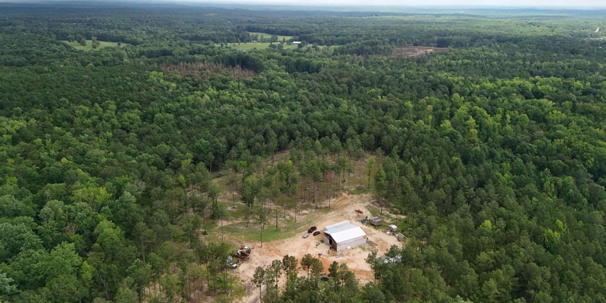 Remote building surrounded by dense forest.
