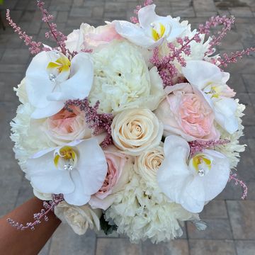 Peonies, orchid and rose bridal bouquet