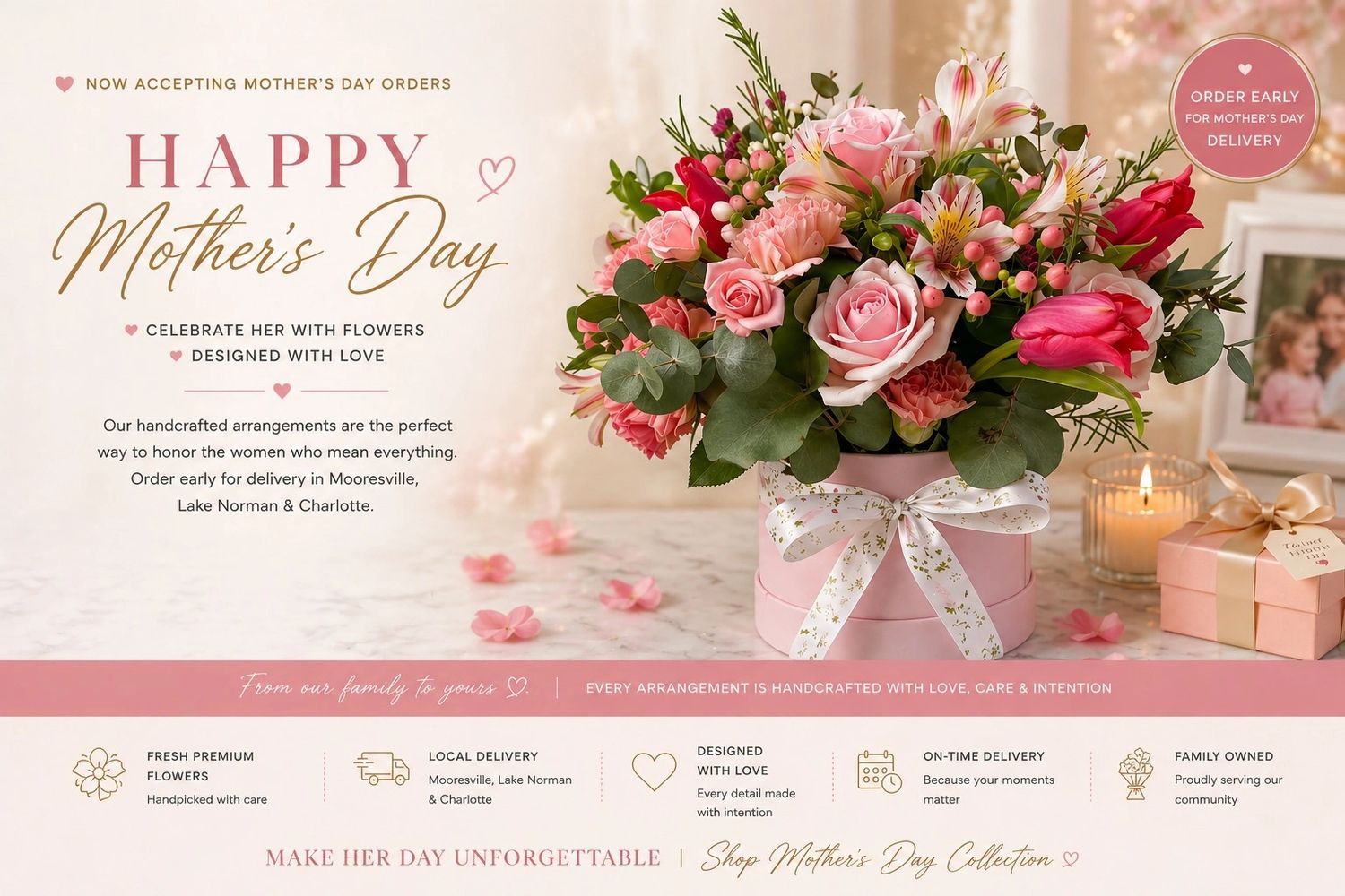 Mother’s Day flower arrangement delivery in Mooresville, Lake Norman, and Charlotte, huntersville