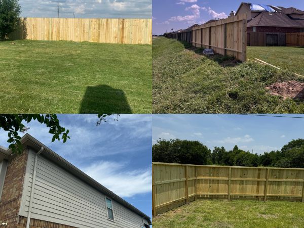 New wooden fences surrounding houses and yards.