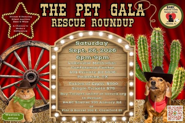 Pet Gala Rescue Roundup event with Western-themed attire in Palestine, TX.