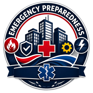 Emergency preparedness emblem with cityscape and safety icons.