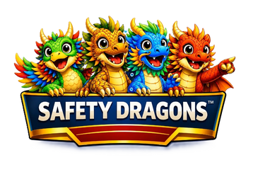 Four colorful Safety Dragons characters above a bold logo.