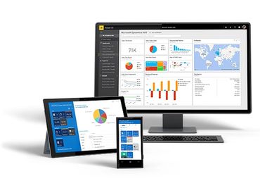 Multiple devices showing Microsoft Dynamics NAV dashboards and reports.
