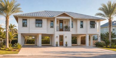 Rendering of an elevated Duval Series coastal duplex with parking beneath the home.
