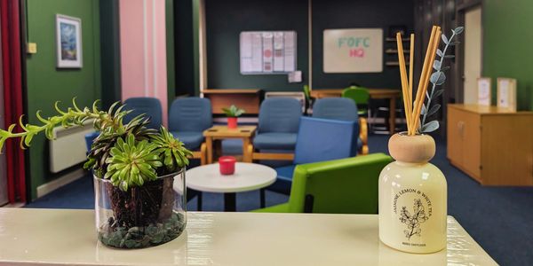 Office lounge area with plants on the counter.