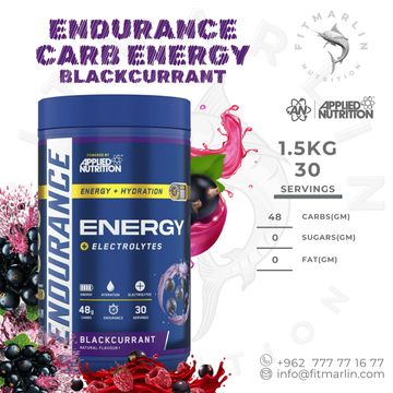 Blackcurrant-flavored Endurance Carb Energy supplement with electrolytes for hydration and energy.