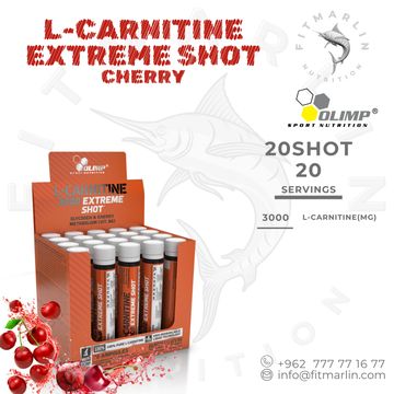 L-Carnitine Extreme Shot cherry flavor by Olimp Sport Nutrition, 20 shots per box.