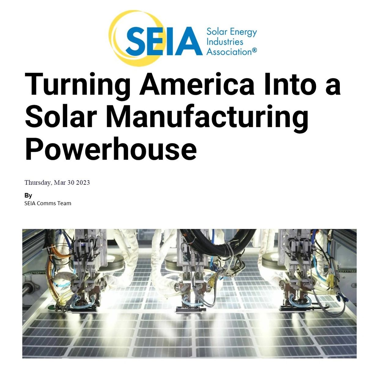 Solar Manufacturing major powerhouse in US